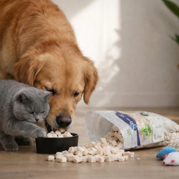 Golden Retriever und graue Katze fressen kleine weiße Snackwürfel aus einer schwarzen Schüssel, daneben verschüttete wiederverschließbare Tüte mit Produktetikett.