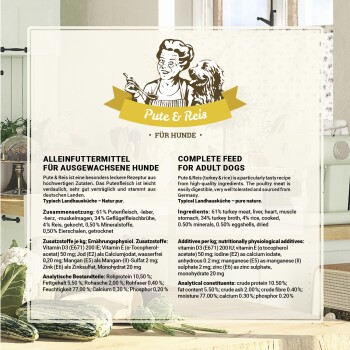 Tierfutterverpackung mit der Aufschrift "Pute & Reis für Hunde" mit einem Rezept für erwachsene Hunde. Enthält 61% Putenfleisch und 34% Brühe.