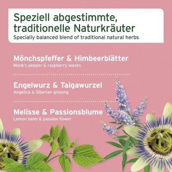 Produktetikett mit einer Mischung aus Mönchspfeffer, Himbeerblättern, Engelwurz, sibirischem Ginseng, Melisse und Passionsblume auf einem rosa Hintergrund.