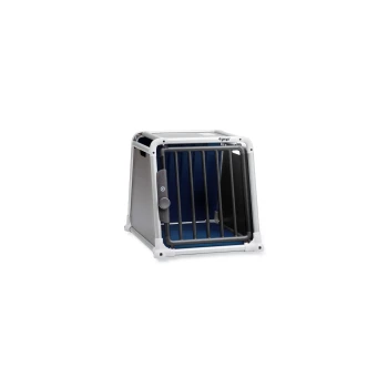 Transportbox EcoLine one Eine graue und blaue Haustierbox mit einem vorderen Metalltor, entworfen für kleine bis mittelgroße Haustiere, mit einem sicheren Verriegelungsmechanismus.