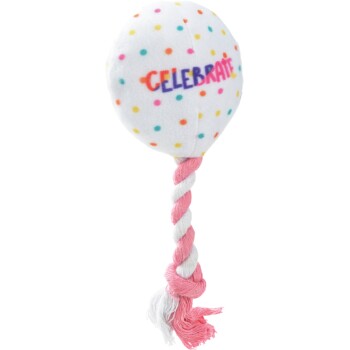 Ein plüschiger Hundespielzeug in Form eines Ballons, mit bunten Punkten und dem Wort "FEIERN" in fetten Buchstaben, mit einem pink-weißen geflochtenen Seil.
