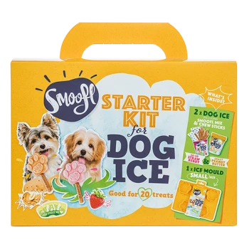 Snoofl Starter Kit für Hundeeisverpackung mit zwei kleinen Hunden, Pfotenabdrücken und Text, der angibt, dass es 20 Leckerlis macht.