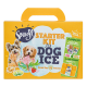Snoofl Starter Kit für Hundeeisverpackung mit zwei kleinen Hunden, Pfotenabdrücken und Text, der angibt, dass es 20 Leckerlis macht.