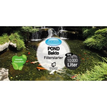 Die Verpackung von Aquaris POND Baktо Filterstarter zeigt einen Koi-Teich und behauptet, dass 50g für 10.000 Liter ausreichen, gekennzeichnet als umweltfreundlich und chemiefrei.