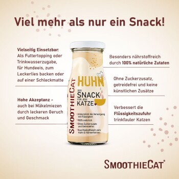 Glasflasche SmoothieCat 'Huhn' Katzensnack-Drink; Etikett lautet 'Der Snack für jede Katze' und '+30.000 empfohlen'