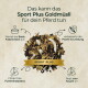 Haufen Sport Plus Goldmüsli Pferdefutter mit goldener Banderole SPORT PLUS und Überschrift Das kann das Sport Plus Goldmüsli für dein Pferd tun.