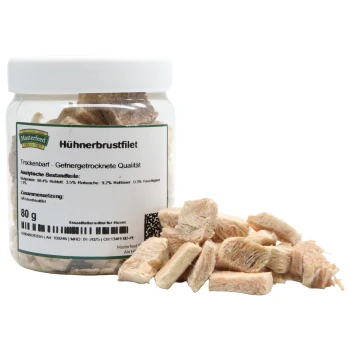 Gefriergetrocknetes Hühnerbrustfilet in einem klaren Glas mit der Aufschrift 'Hühnerbrustfilet', mit Nährwertangaben und Zutaten aufgelistet.