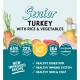 Senior Turkey with Rice & Vegetables pet food packaging, featuring 65% turkey, 22% vegetables & rice, and health benefits like healthy digestion.