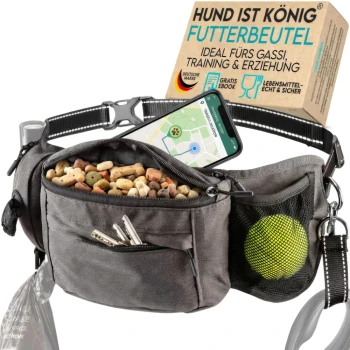 Grau Hundewalking-Hüfttasche mit Leckerlis, Schlüssel-Tasche, Tennisball-Netztasche und Abfallbeutelspender. Text: "HUND IST KÖNIG" und "BAUCHTASCHE."