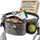 Grau Hundewalking-Hüfttasche mit Leckerlis, Schlüssel-Tasche, Tennisball-Netztasche und Abfallbeutelspender. Text: "HUND IST KÖNIG" und "BAUCHTASCHE."