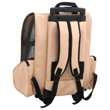 Beige Haustiertrage-Rucksack mit verstellbaren Riemen, Netzseitenpaneelen und einem oberen Griff für einfachen Transport.