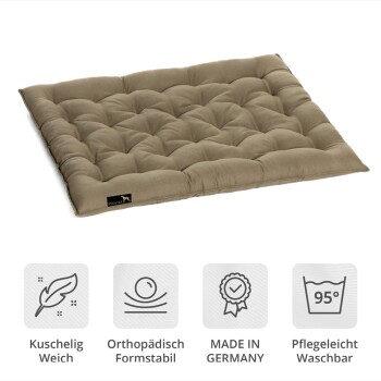 Beige gepolstertes Hundebett mit "Pointer"-Logo; mit den Merkmalen "Kuschelig Weich," "Orthopädisch Formstabil," "MADE IN GERMANY," und "Pflegeleicht Waschbar."