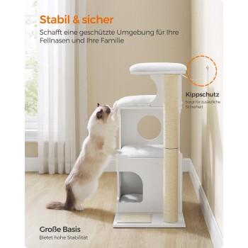 Eine flauschige Katze, die nach einem modernen weißen Katzenbaum mit Ebenen, Kratzbaum und Versteck greift. Text: "Stabil & sicher" und "Große Basis."