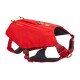 Rotes Hundegeschirr von Ruffwear, mit verstellbaren Riemen und einem gepolsterten Innenraum für Komfort.