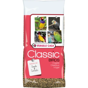 Eine Tüte Versele-Laga Classic Birds Futter mit einer natürlichen Mischung aus Samen und Getreide, mit Bildern von bunten Vögeln auf der Vorderseite.