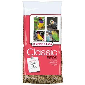Eine Tüte Versele-Laga Classic Birds Futter mit einer natürlichen Mischung aus Samen und Getreide, mit Bildern von bunten Vögeln auf der Vorderseite.