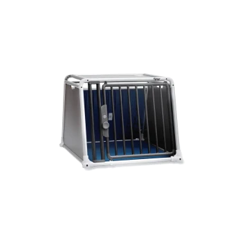 Eine robuste Haustierbox mit einem weißen Rahmen und schwarzen Stäben, mit einem sicheren Verriegelungsmechanismus und einem blauen Innenraum.