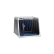 Eine robuste Haustierbox mit einem weißen Rahmen und schwarzen Stäben, mit einem sicheren Verriegelungsmechanismus und einem blauen Innenraum.