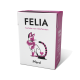 Kartonschachtel mit FELIA-Hundefutter, die eine stilisierte Katzenillustration zeigt, mit dem Text "Tierliebe vom Allerfeinsten" und "Pferd" deutlich sichtbar.