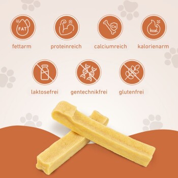 Zwei gelbe Hundekauknochen mit Symbolen und deutschem Text, der fettarm, proteinreich, kalziumreich, kalorienarm, laktosefrei, gentechnikfrei und glutenfrei angibt.