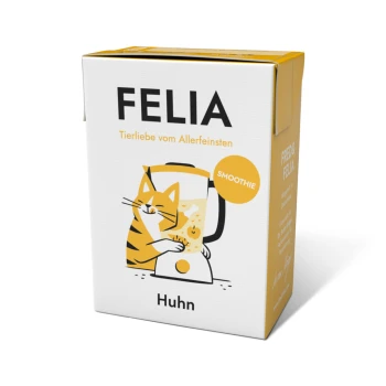 FELIA Smoothie Huhn (10x200g) Karton mit "FELIA Huhn" Katzen-Smoothie mit einer Cartoon-Katze, die mixt, beschriftet mit "Tierliebe vom Allerfeinsten" und "SMOOTHIE."