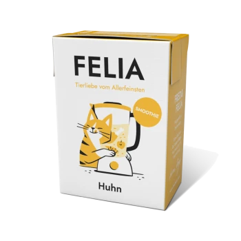 Karton mit "FELIA Huhn" Katzen-Smoothie mit einer Cartoon-Katze, die mixt, beschriftet mit "Tierliebe vom Allerfeinsten" und "SMOOTHIE."