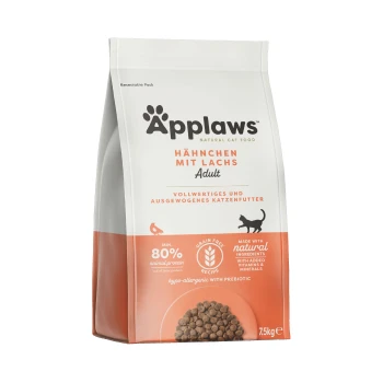Sac de nourriture naturelle pour chats Applaws avec poulet et saumon pour adultes, contenant 80 % de protéines animales, sans céréales et hypoallergénique.