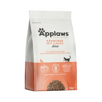 Applaws natürliche Katzenfuttertüte mit Huhn und Lachs für Erwachsene, mit 80% tierischem Protein, getreidefrei und hypoallergen.