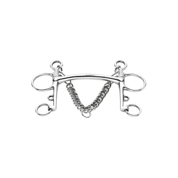 Ein glänzendes Edelstahl-Pferdegebiss mit einer Kette, mit zwei Seitenringen und einem zentralen Balken, auf einem weißen Hintergrund präsentiert.