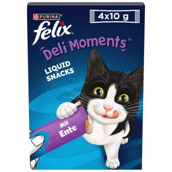 Purina Felix Deli Moments flüssige Katzensnacks 4x10g mit Entengeschmack, zeigt eine schwarz-weiße Katze, die sich die Lippen leckt.