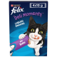 Purina Felix Deli Moments flüssige Katzensnacks 4x10g mit Entengeschmack, zeigt eine schwarz-weiße Katze, die sich die Lippen leckt.