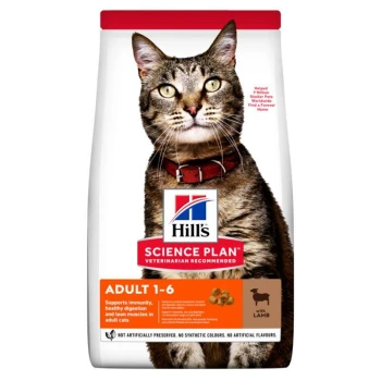 Science Plan Adult Lamm und Reis 3 kg Hill's Science Plan Katzenfutterbeutel mit einer getigerten Katze auf der Vorderseite, beschriftet mit "ERWACHSEN 1-6" und ernährungsphysiologischen Vorteilen sowie "mit LAMM."