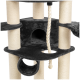 Ein schwarzer Katzenbaum mit mehreren Ebenen, Kratzpfosten, die mit Sisal-Seil umwickelt sind, einem gemütlichen Versteck und einem hängenden Seilspielzeug.