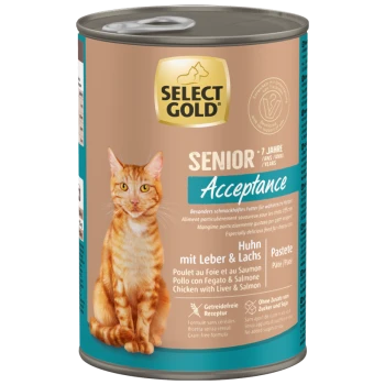 Select Gold Senior Acceptance Katzenfutterdose mit einer orange getigerten Katze, Huhn mit Leber & Lachs Geschmack, getreidefreie Formel.