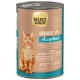 Select Gold Senior Acceptance Katzenfutterdose mit einer orange getigerten Katze, Huhn mit Leber & Lachs Geschmack, getreidefreie Formel.