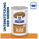 Hill's Prescription Diet k/d Dosen-Haustierfutter, mit einem Löffel des Futters auf dem Deckel, mit dem Text "Unterstützung der Nieren" und "Original."