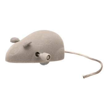 Aufzieh-Maus, 7cm Ein graues, mausförmiges Haustierspielzeug mit strukturierter Oberfläche und einem Zugband, entworfen für interaktives Spielen mit Haustieren.
