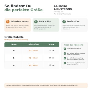 AALBORG ALU-STRONG Halsband Größentabelle: Größen M/L/XL — Halsumfang 30–45 / 40–55 / 45–65 cm; Breiten 1,5 / 2,0 / 2,5 cm.