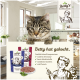 Eine getigerte Katze sitzt in einer Küche mit zwei Beuteln von Betty's Landhausküche Katzenfutter, die Qualitätsansprüche und "Betty hat gekocht" hervorheben.