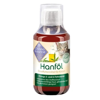 Flasche mit Hanföl für Katzen, mit einem Katzenbild, mit Text, der Omega-3- und 6-Fettsäuren sowie Vorteile für Haut und Stoffwechsel hervorhebt.