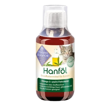 Flasche mit Hanföl für Katzen, mit einem Katzenbild, mit Text, der Omega-3- und 6-Fettsäuren sowie Vorteile für Haut und Stoffwechsel hervorhebt.