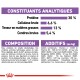 Informations nutritionnelles pour la nourriture pour animaux, indiquant 30 % de protéines, 6,6 % de fibres brutes, 13 % de matières grasses et 5,4 % de cendres, avec des ingrédients et des additifs détaillés.