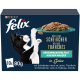 Schwarz-weiße Katze greift nach einem "Felix" Katzenfutterteller mit der Aufschrift "Köstliche Scheibchen in Gelee" mit Lachs- und Thunfischgeschmack.