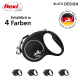 Schwarze Flexi-Hundeleine mit einem bequemen Griff, erhältlich in vier Farben, mit dem Text "Erhältlich in 4 Farben" und Logos.