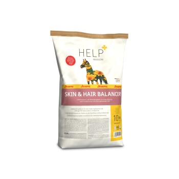 Josera HELP Veterinary Diet Skin & Hair Balancer 10‑kg‑Sack mit Pferdesilhouette im Sonnenblumenmuster.