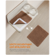 Braune Futtermatte für Haustiere mit Klettverschluss, unter einer Doppel-Schüssel auf hellem Holz, die einfache Befestigung und Reinigung hervorhebt.