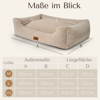 Hundebett mit einer weichen beigen Textur, mit den Abmessungen A, B, C, D und einer Größentabelle für M, L, XXL. Text auf Deutsch.