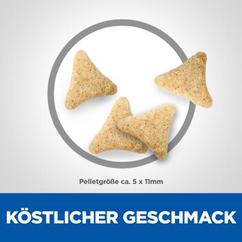 Vier dreieckige Haustierleckerlis werden vor einem weißen Hintergrund präsentiert, mit dem Text "Köstlicher Geschmack" und "Pelletgröße ca. 5 x 11mm" darunter.
