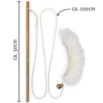 Katze Spielzeugstab mit einem Holzstab von etwa 30 cm Länge, mit einer 100 cm langen Schnur und einem flauschigen weißen Federanhänger mit einer Glocke.