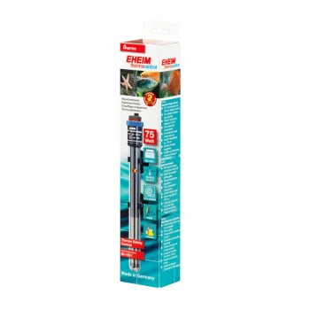 Präzisions-Reglerheizer 75 W EHEIM Thermocontrol-Aquariumheizer, 75 Watt, mit Sicherheitskontrolle und Temperaturbereich von 18-34°C, verpackt in einer bunten Box.
